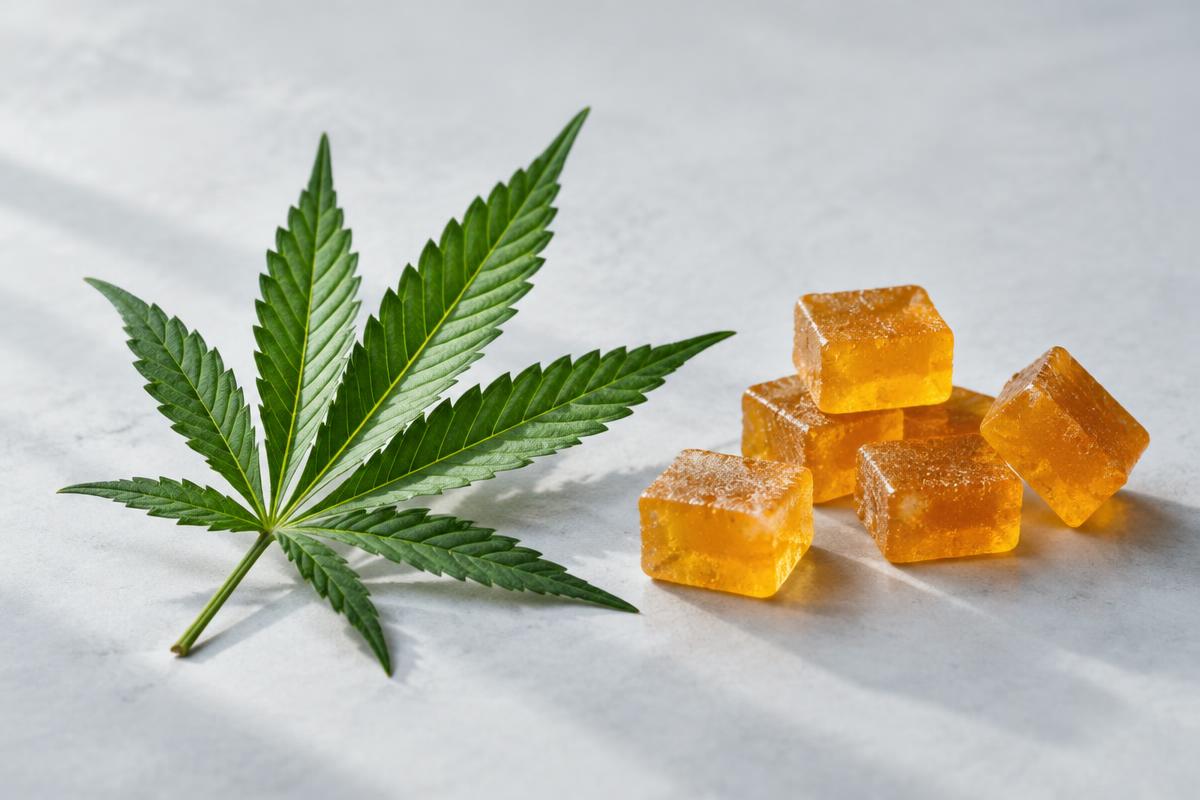 Illustrative cannabis leaf beside amber-colored gummy squares on a light surface