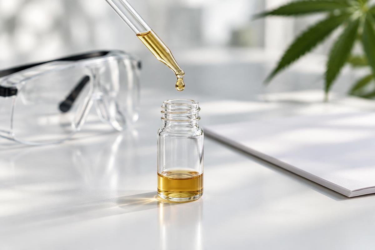 Illustrative glass dropper and sample vial on a clean laboratory surface
